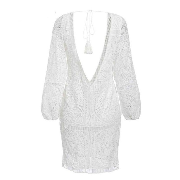 Boho White Low back Tassel Tie Lace dress cover up - Picture 4 of 7